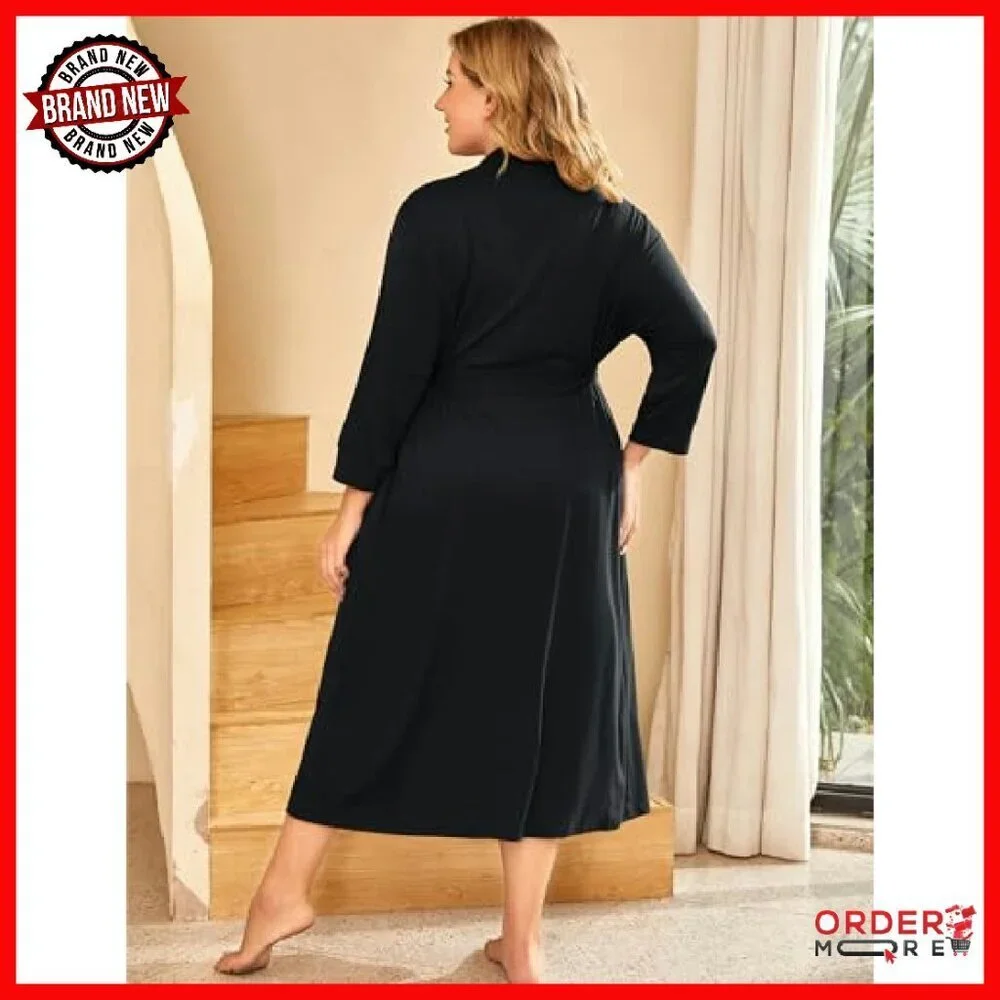 Plus Size Long Kimono Robe Lightweight Soft Loungewear 3/4 Sleeves Pockets